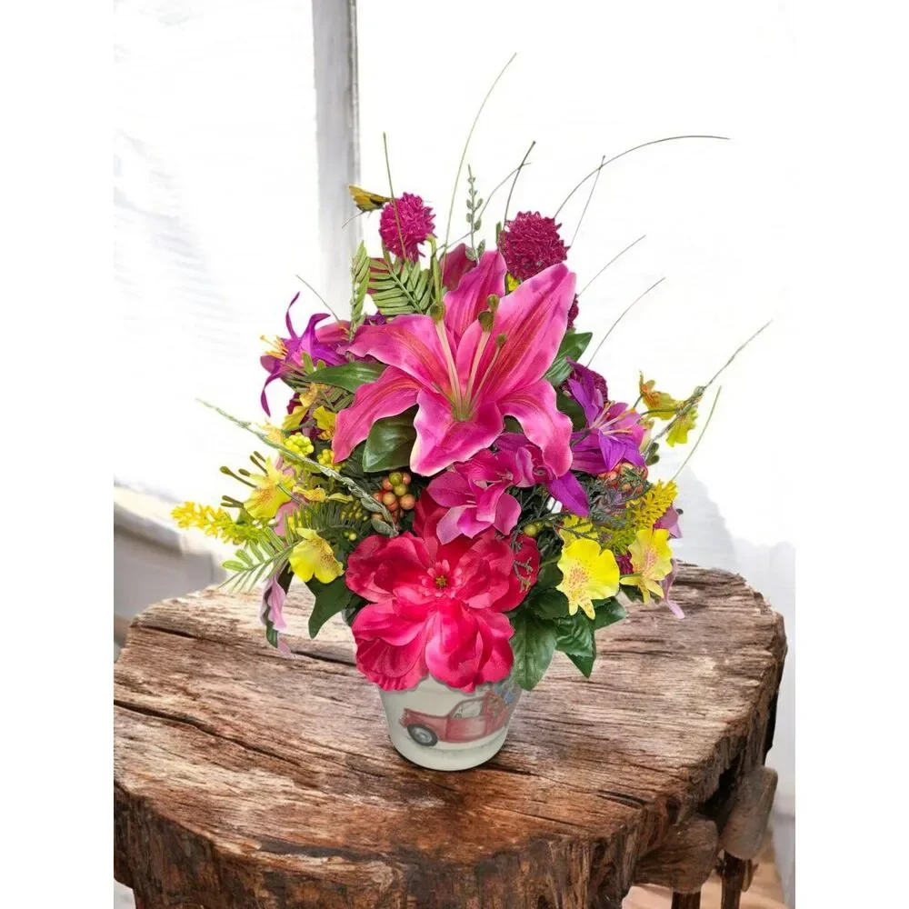 Spring & Summer Floral Arrangement in Ceramic Bucket – Silk Flower Centerpiece
